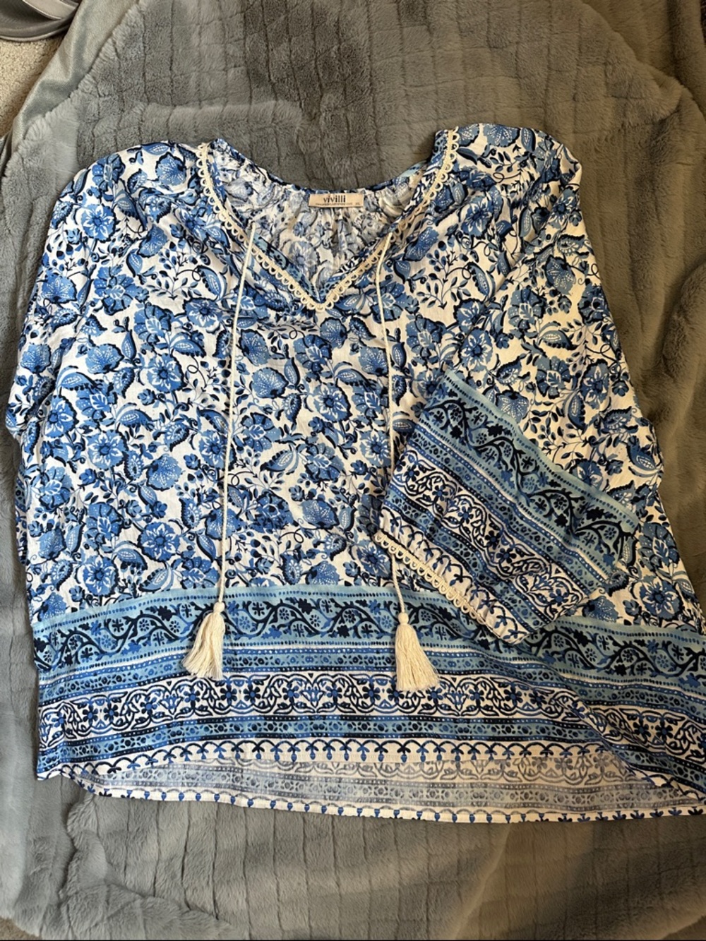 Blue Floral Peasant Blouse with Tassel Tie. BOHO.